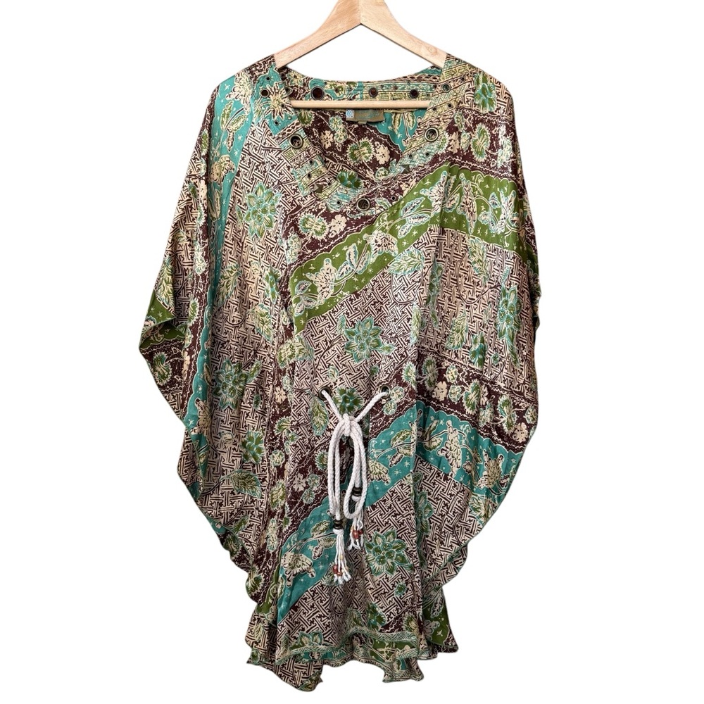 Poupette St Barth Silk Cover Up Tunic Brown Teal Rope Belt Beads Grommets One Sz